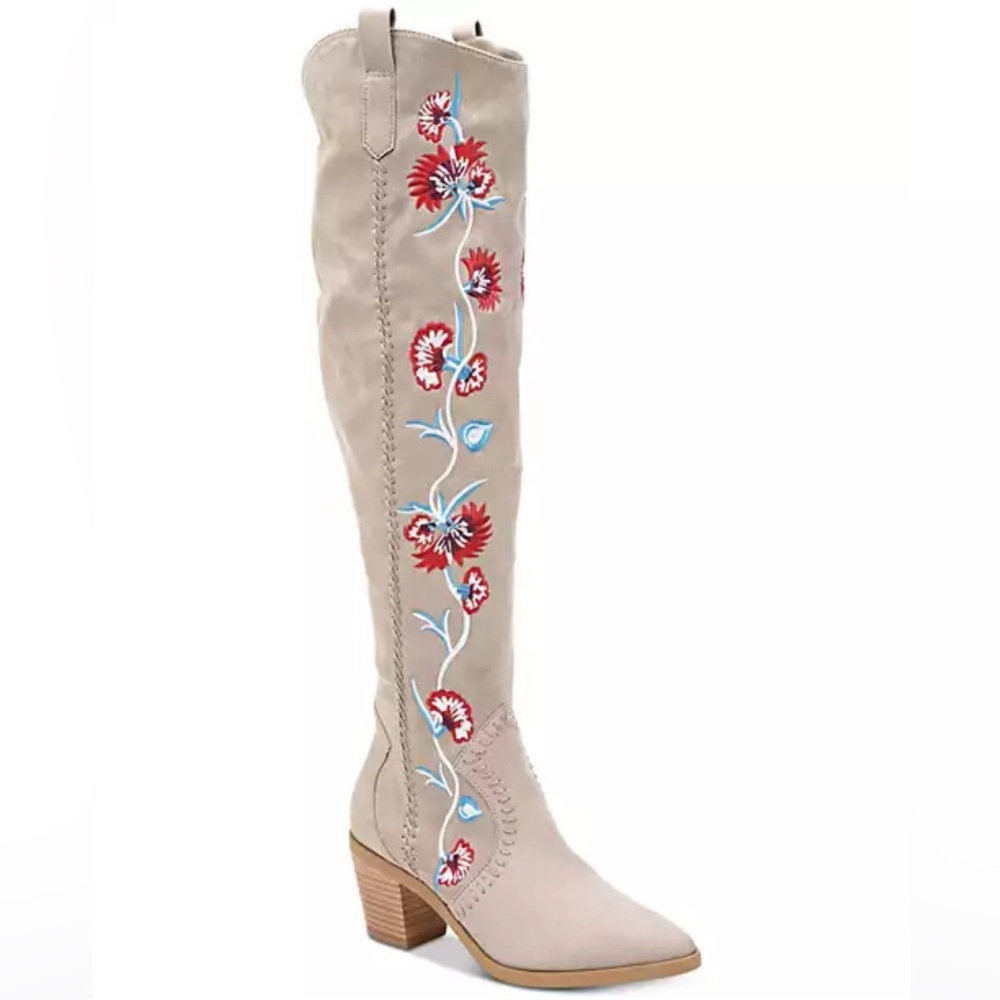 Carlos Santana Alexia boots taupe w/vibrant red,blue & white embroidery Size 6